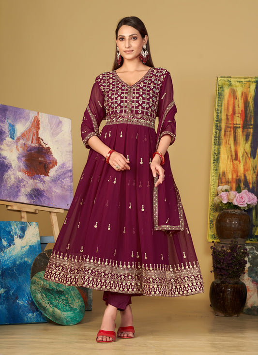 Wine Georgette Embroidered Anarkali Suit