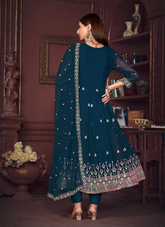 Peacock Blue Georgette Embroidered Anarkali Suit