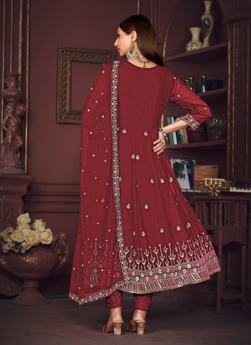 Maroon Georgette Embroidered Anarkali Suit