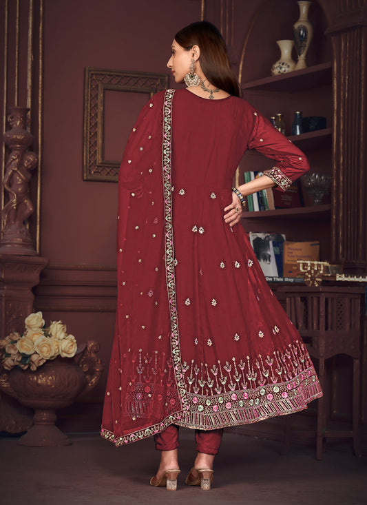 Maroon Georgette Embroidered Anarkali Suit