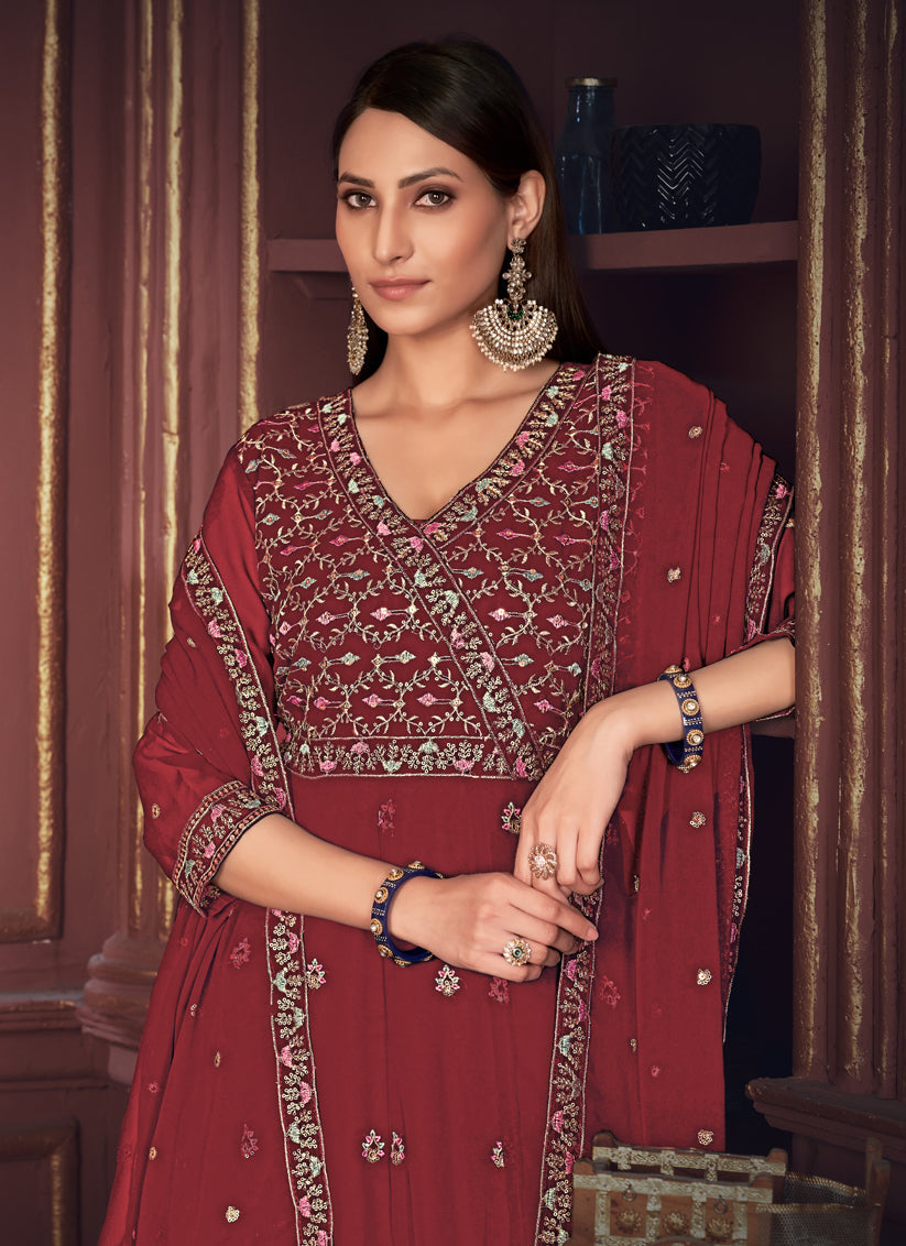 Maroon Georgette Embroidered Anarkali Suit