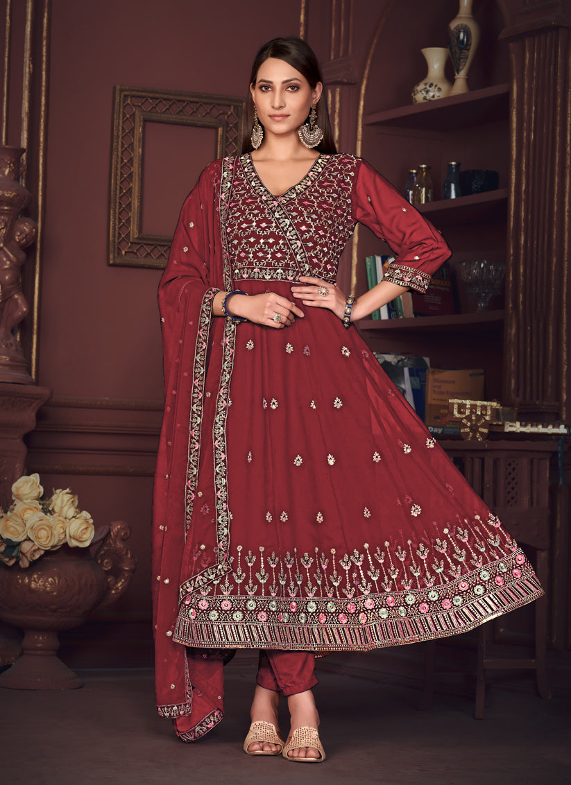 Maroon Georgette Embroidered Anarkali Suit