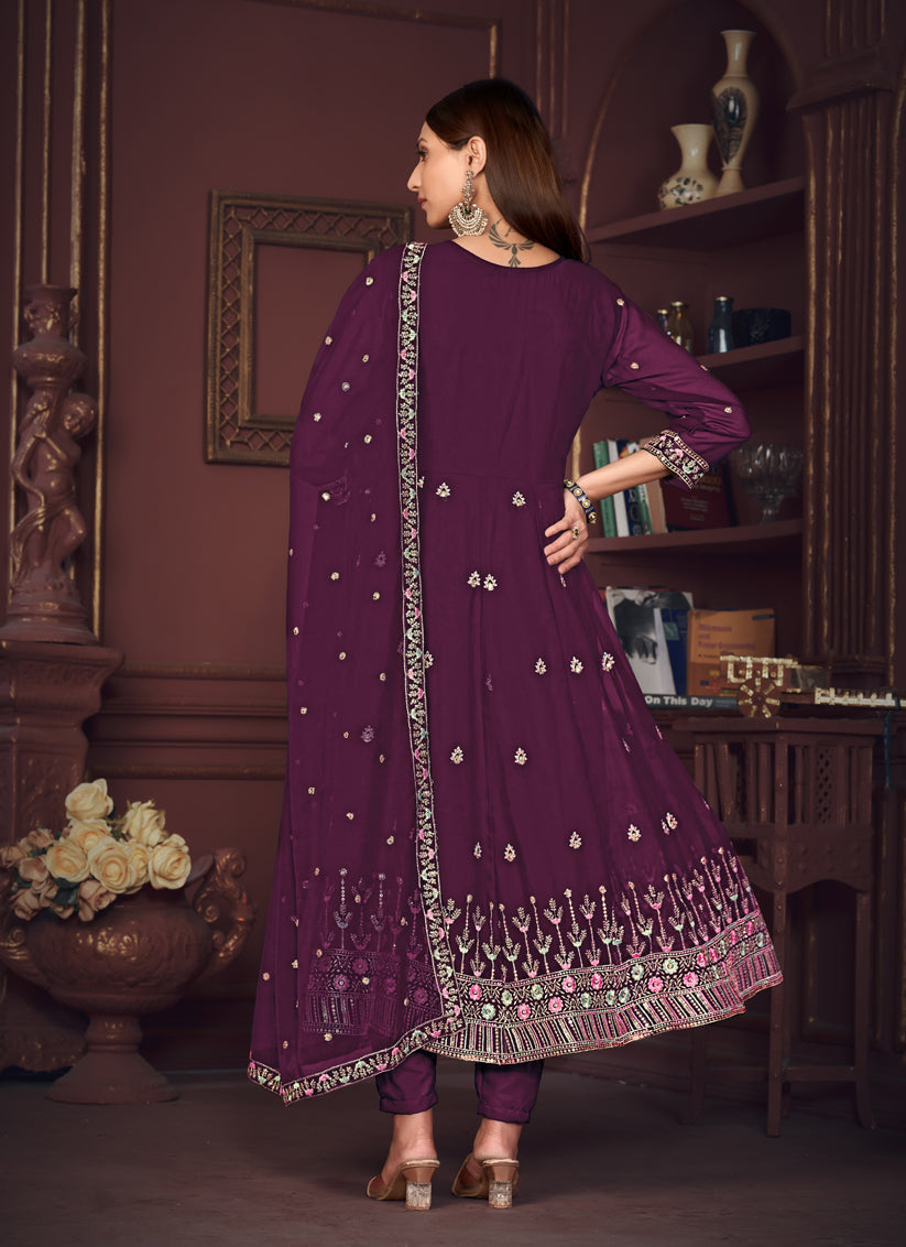 Burgundy Georgette Embroidered Anarkali Suit