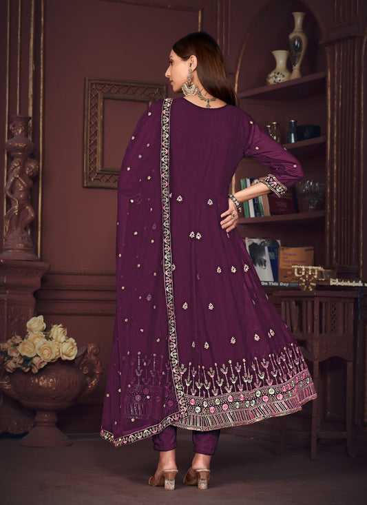 Burgundy Georgette Embroidered Anarkali Suit