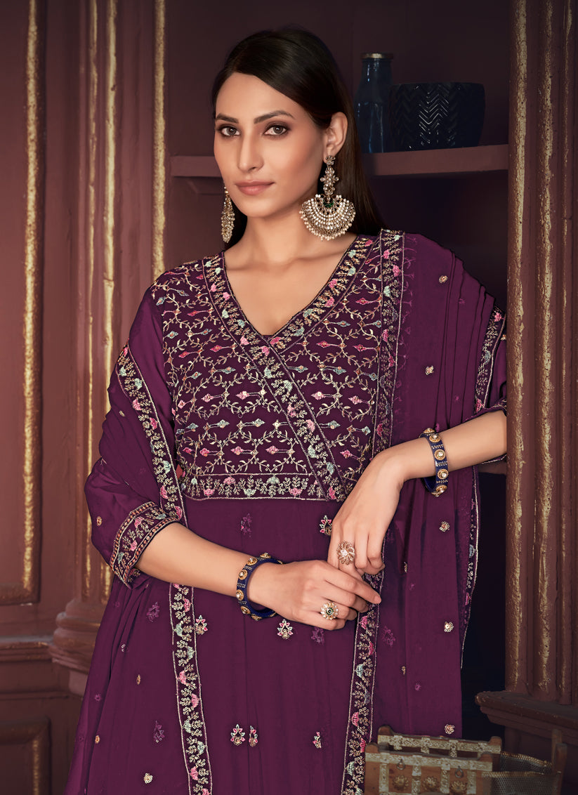 Burgundy Georgette Embroidered Anarkali Suit