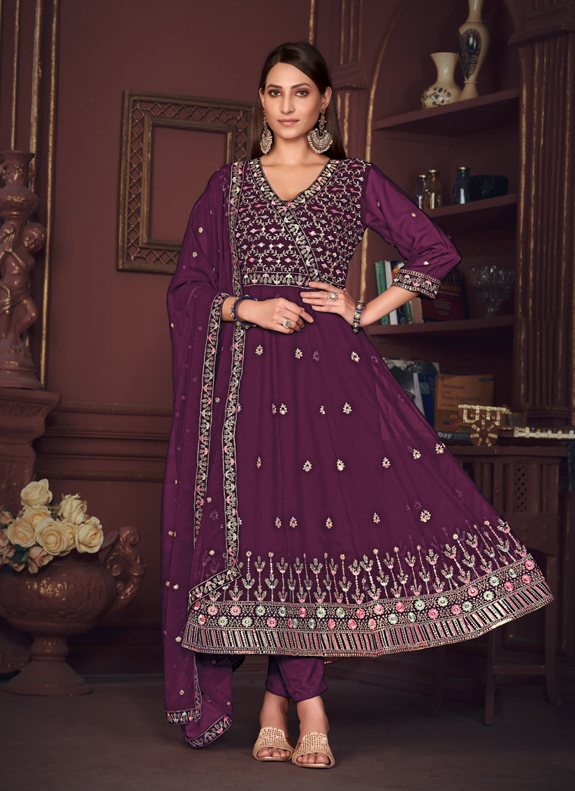 Burgundy Georgette Embroidered Anarkali Suit