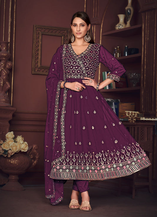 Burgundy Georgette Embroidered Anarkali Suit
