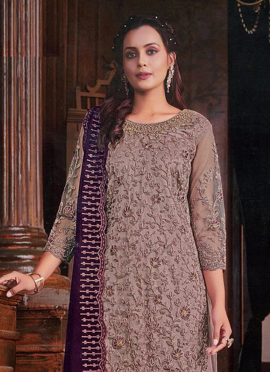 Dusty Beige Embroidered Net Palazzo Kameez