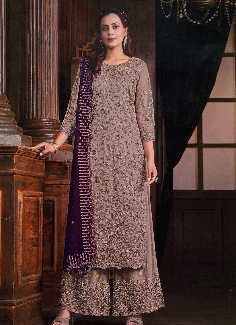 Dusty Beige Embroidered Net Palazzo Kameez