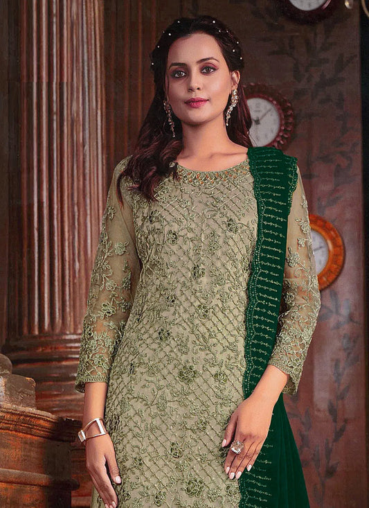 Sage Green Embroidered Net Palazzo Kameez