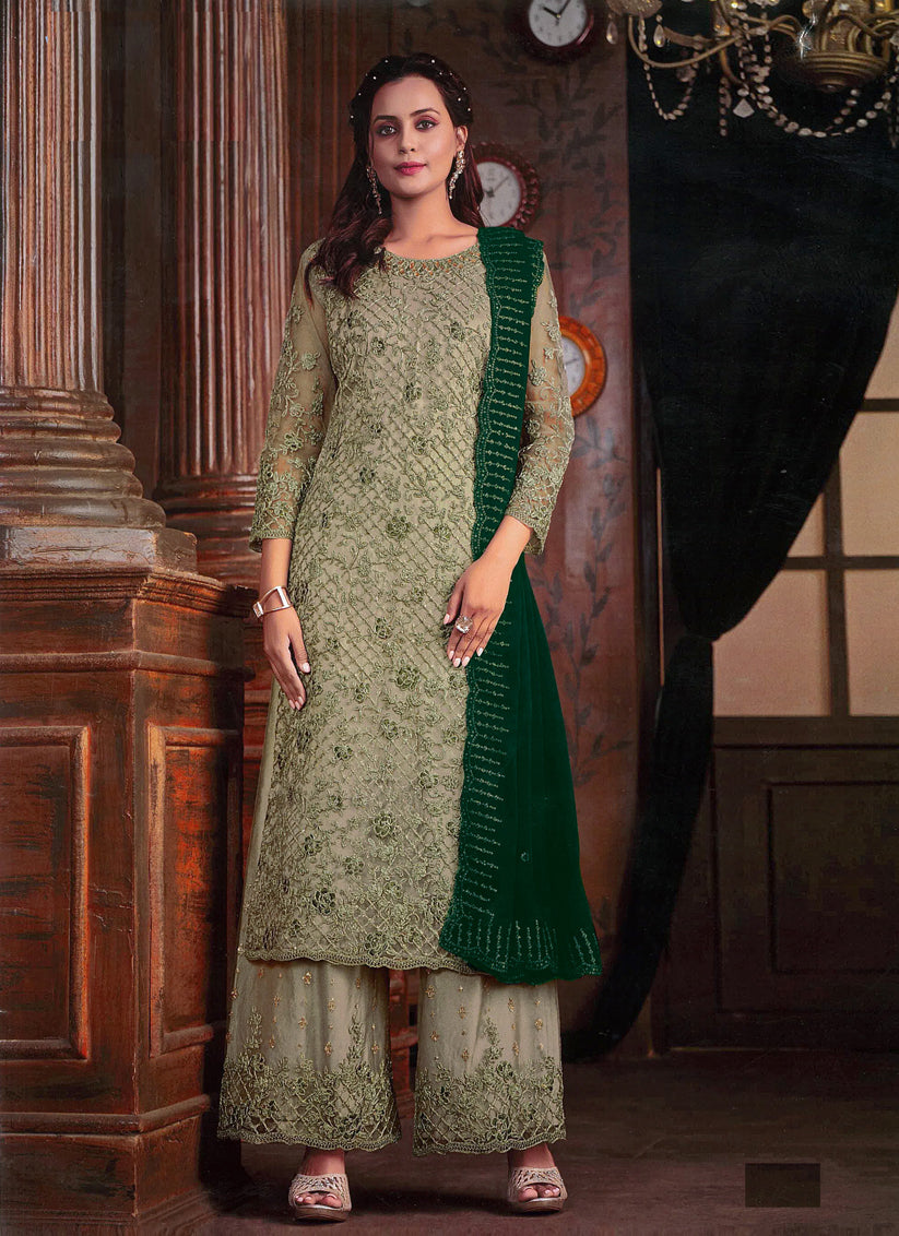 Sage Green Embroidered Net Palazzo Kameez