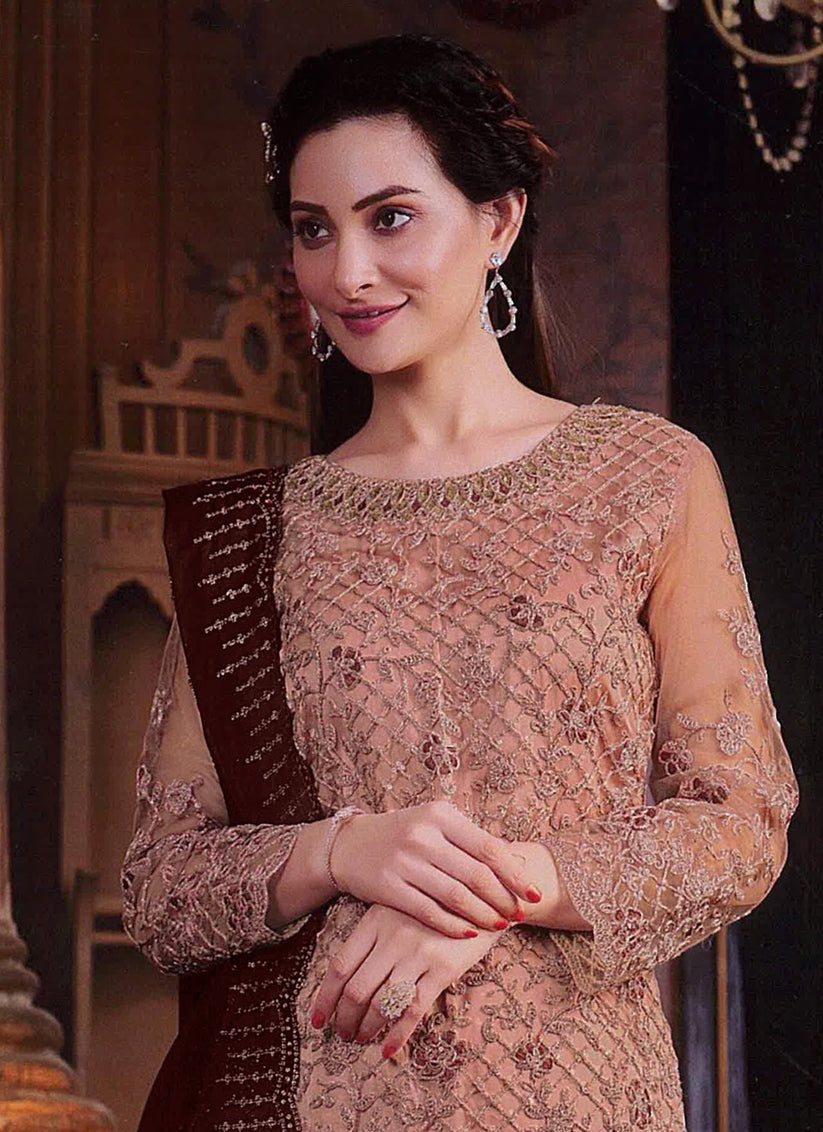 Peach Embroidered Net Palazzo Kameez