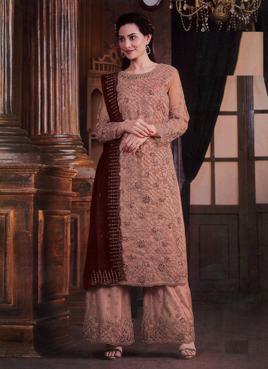Peach Embroidered Net Palazzo Kameez
