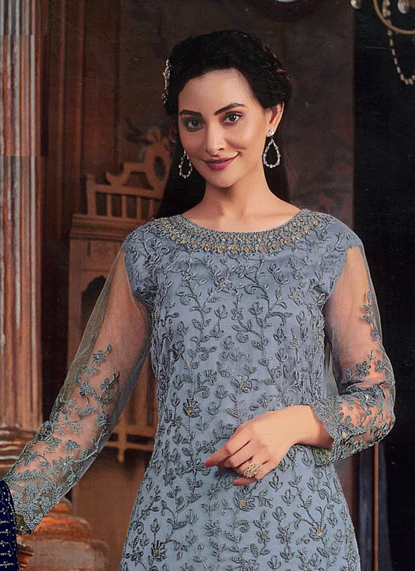 Livid Grey Embroidered Net Palazzo Kameez