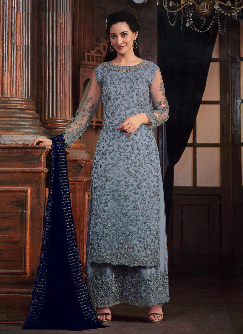 Livid Grey Embroidered Net Palazzo Kameez
