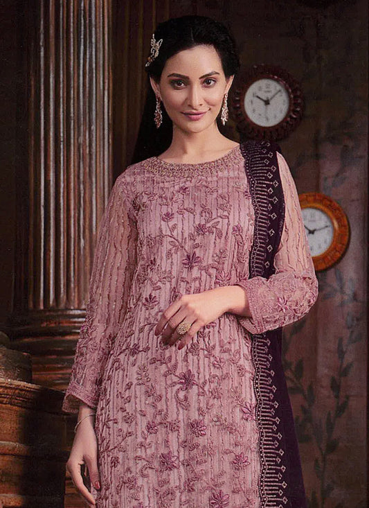 Dusty Pink Embroidered Net Palazzo Kameez