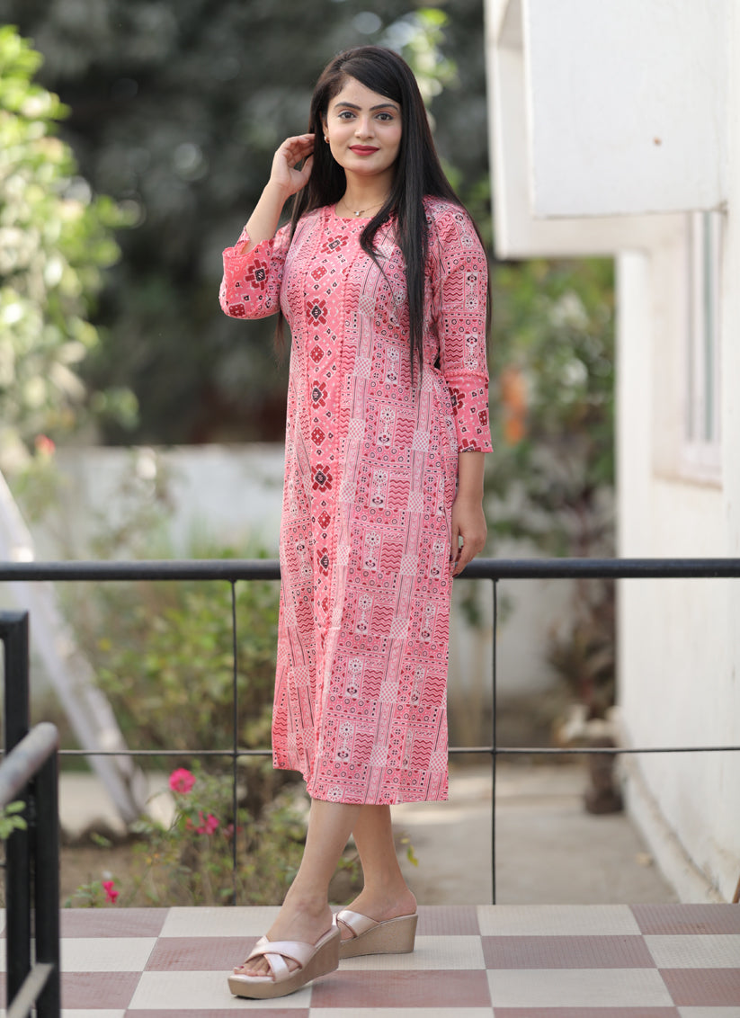 Coral Pink Pure Cotton Printed Kurti