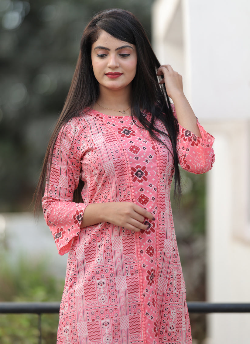 Coral Pink Pure Cotton Printed Kurti