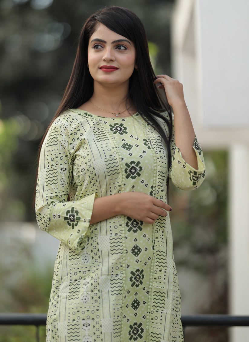 Pastel Green Pure Cotton Printed Kurti