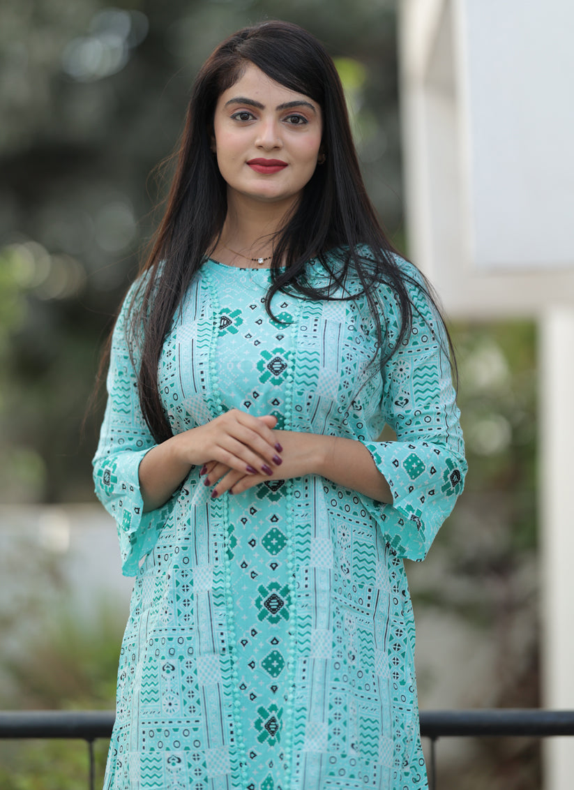 Aqua Blue Pure Cotton Printed Kurti