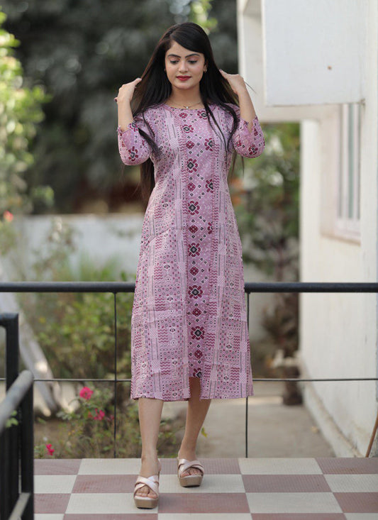 Lilac Pink Pure Cotton Printed Kurti
