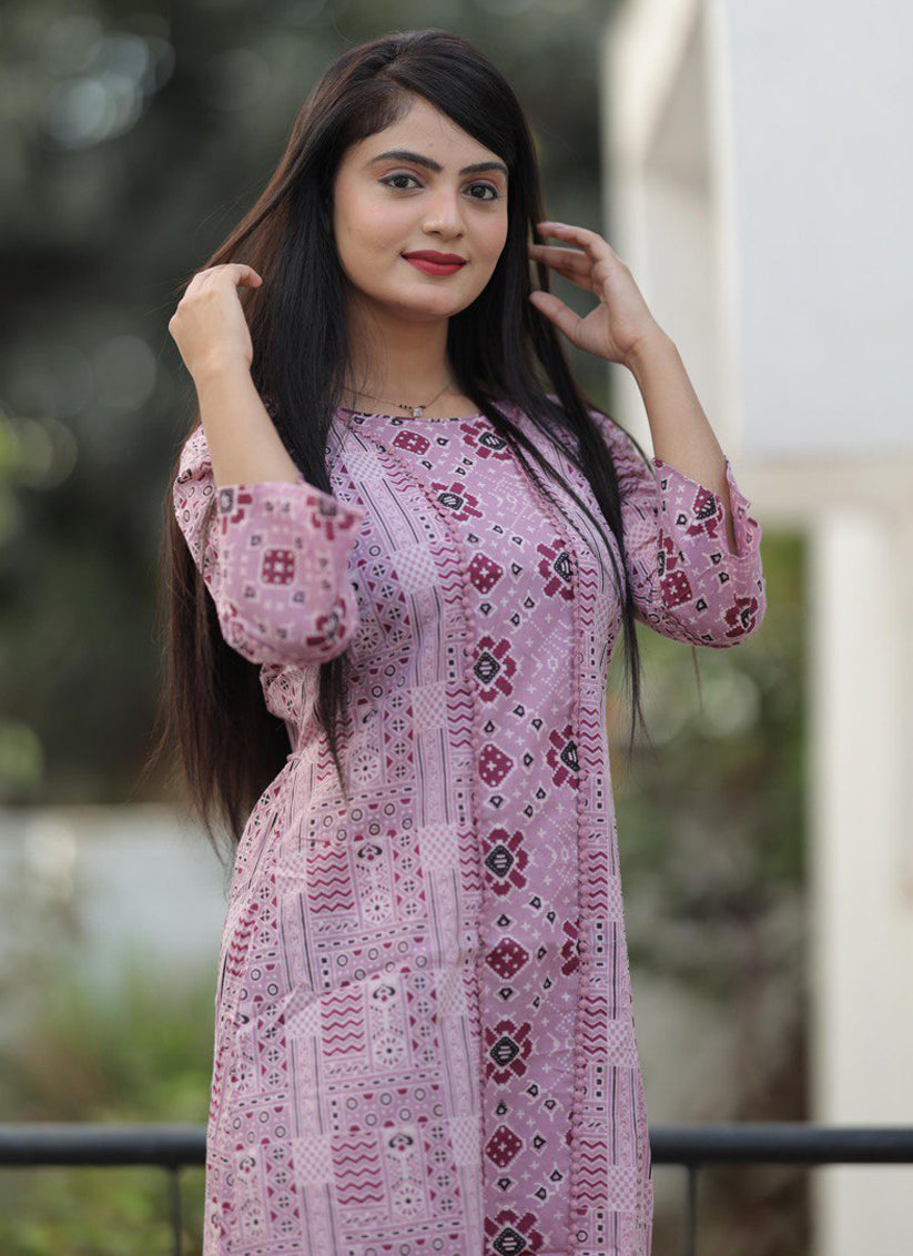 Lilac Pink Pure Cotton Printed Kurti