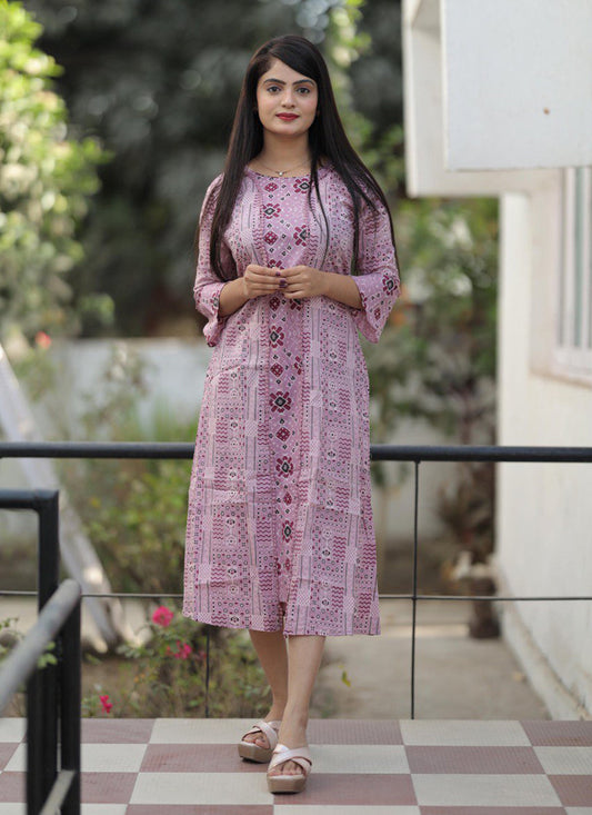 Lilac Pink Pure Cotton Printed Kurti