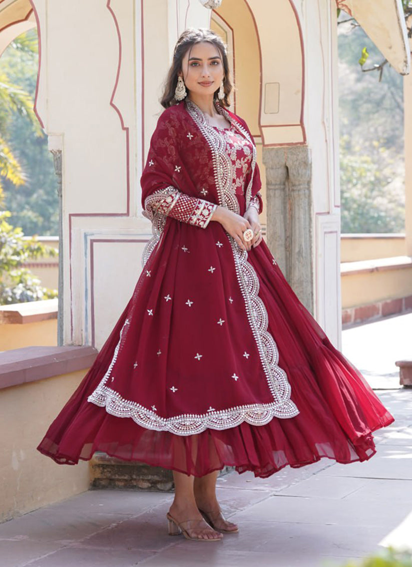 Maroon Faux Georgette Embroidered Gown with Dupatta