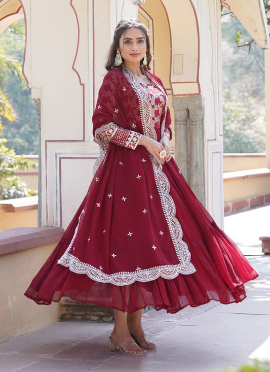 Maroon Faux Georgette Embroidered Gown with Dupatta