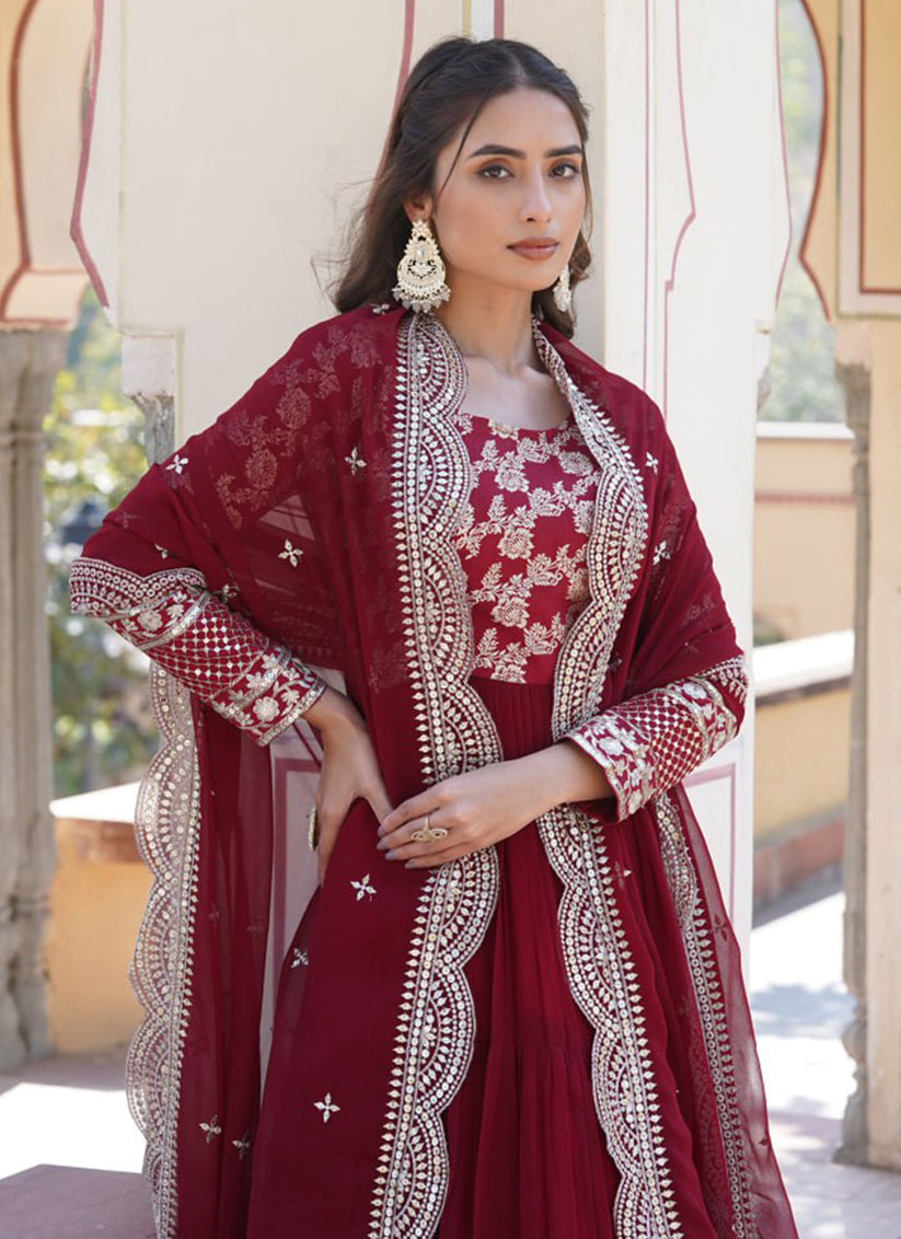 Maroon Faux Georgette Embroidered Gown with Dupatta