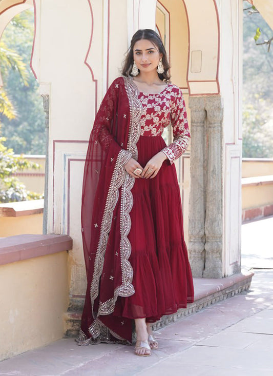 Maroon Faux Georgette Embroidered Gown with Dupatta