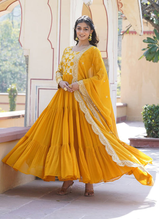 Mustard Yellow Faux Georgette Embroidered Gown with Dupatta