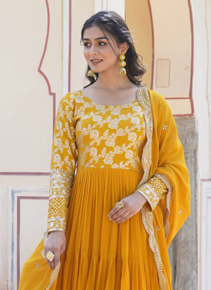 Mustard Yellow Faux Georgette Embroidered Gown with Dupatta