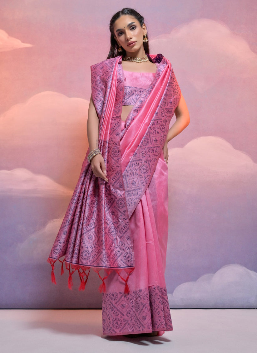 Pink Handloom Raw Silk Woven Saree