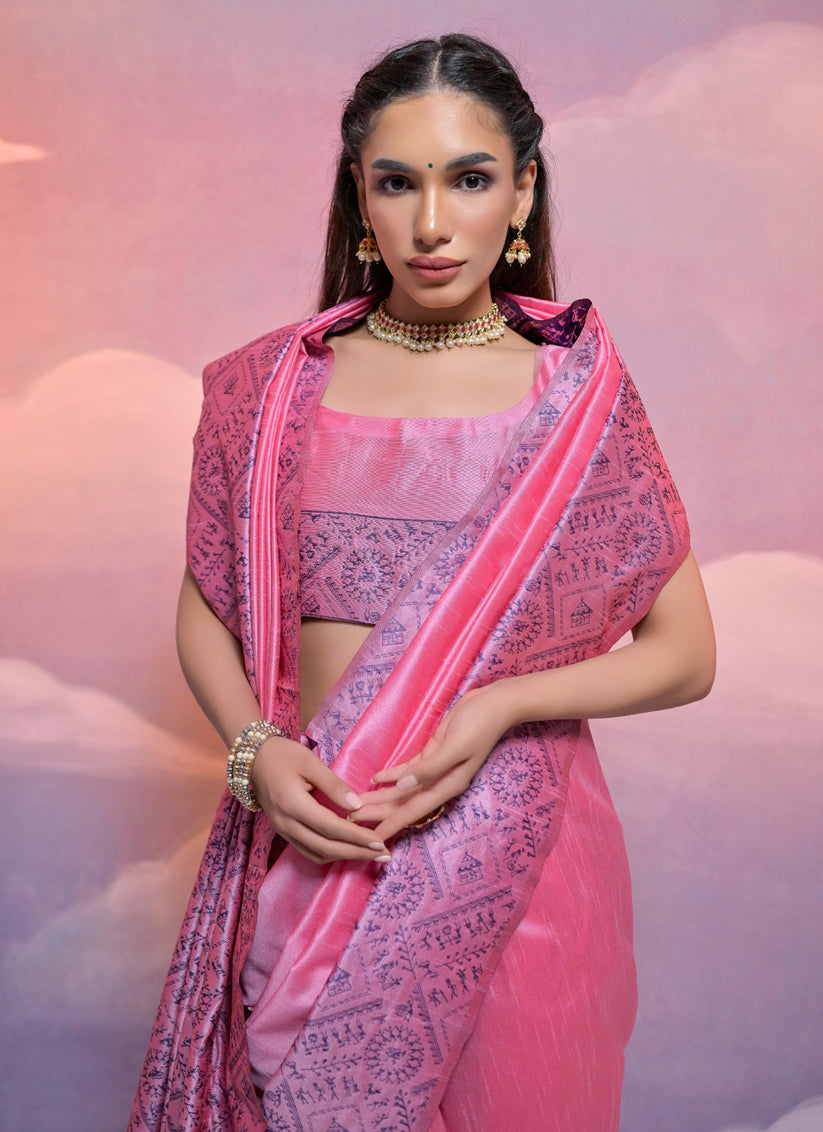 Pink Handloom Raw Silk Woven Saree