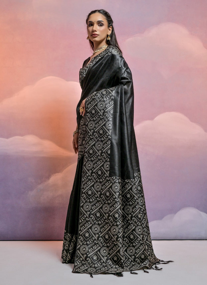 Black Handloom Raw Silk Woven Saree