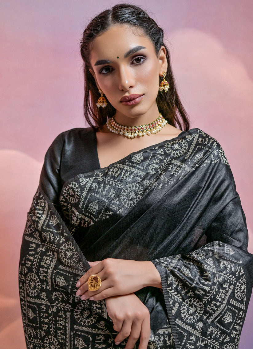 Black Handloom Raw Silk Woven Saree