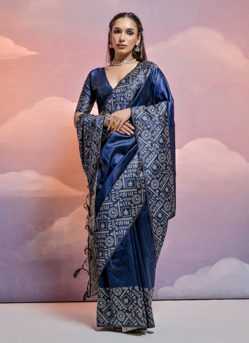 Navy Blue Handloom Raw Silk Woven Saree