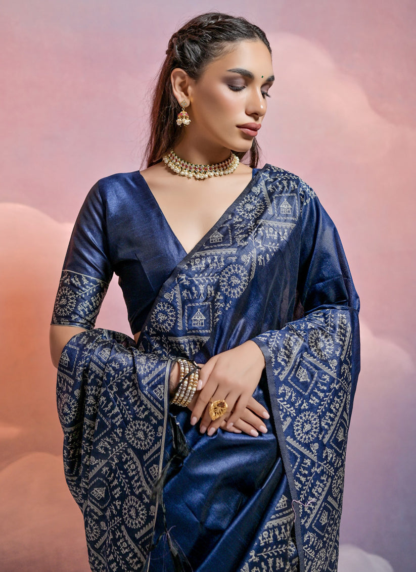 Navy Blue Handloom Raw Silk Woven Saree