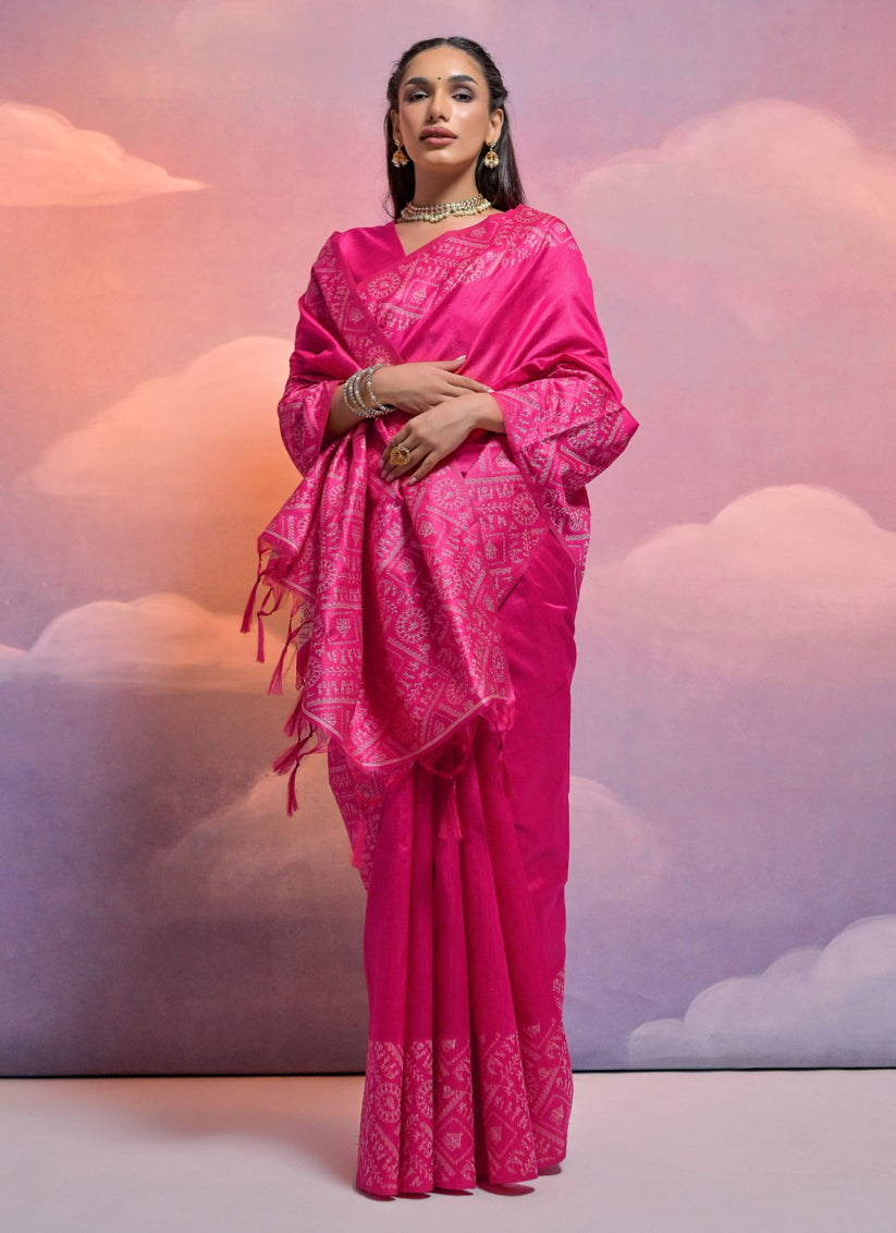 Rani Pink Handloom Raw Silk Woven Saree