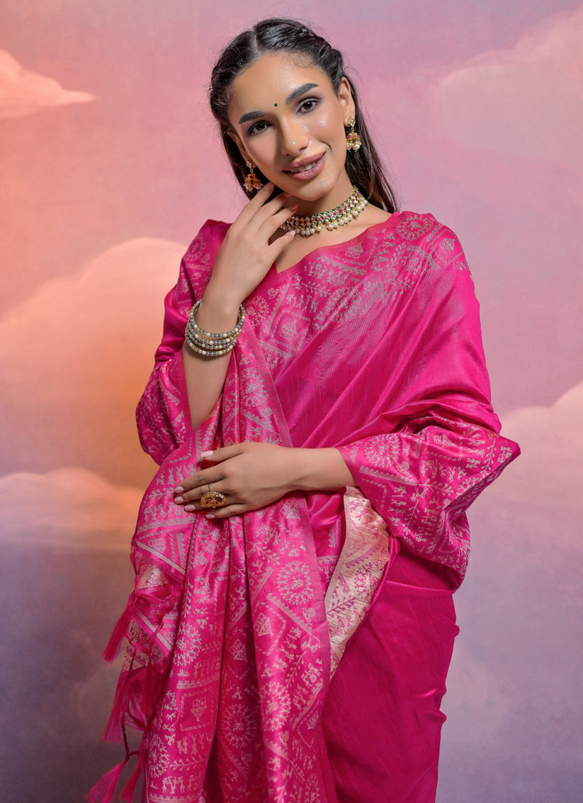 Rani Pink Handloom Raw Silk Woven Saree