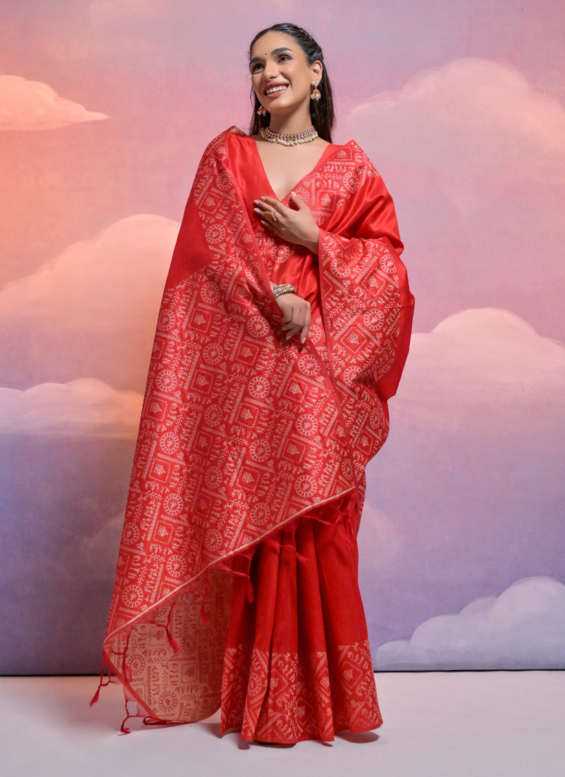 Red Handloom Raw Silk Woven Saree
