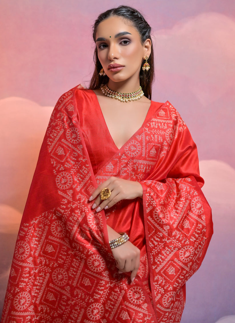 Red Handloom Raw Silk Woven Saree