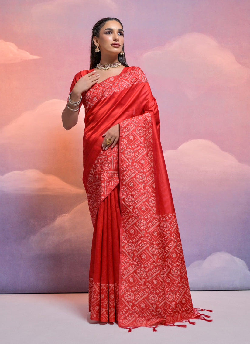 Red Handloom Raw Silk Woven Saree