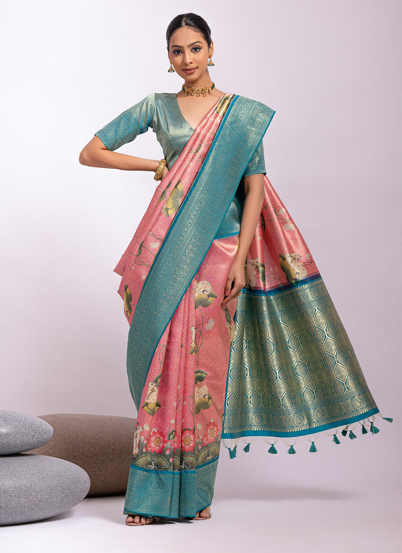 Pink Tissue Silk Zari Woven Saree