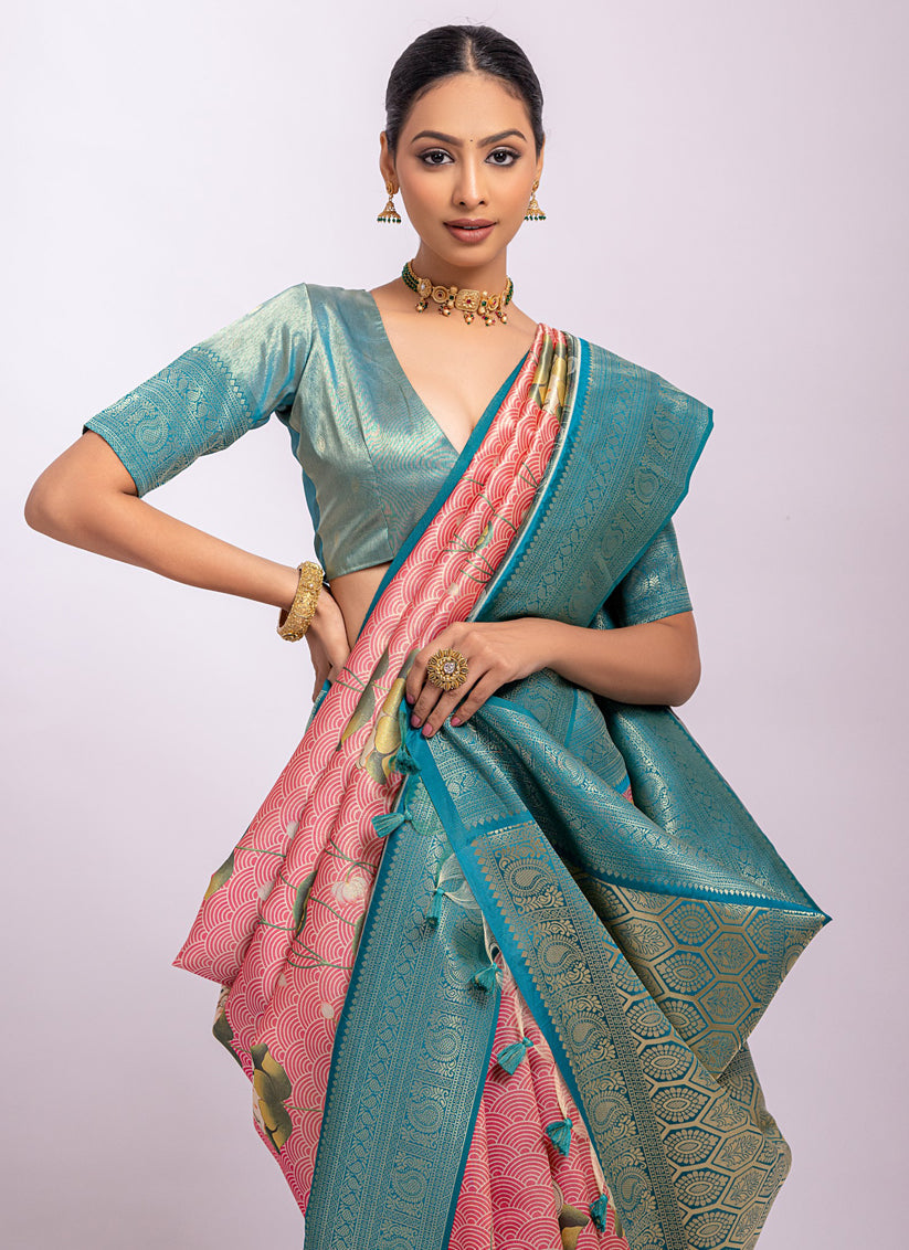 Pink Tissue Silk Zari Woven Saree