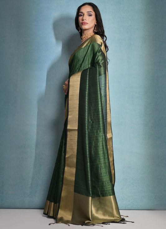 Bottle Green Raw Silk Woven Saree