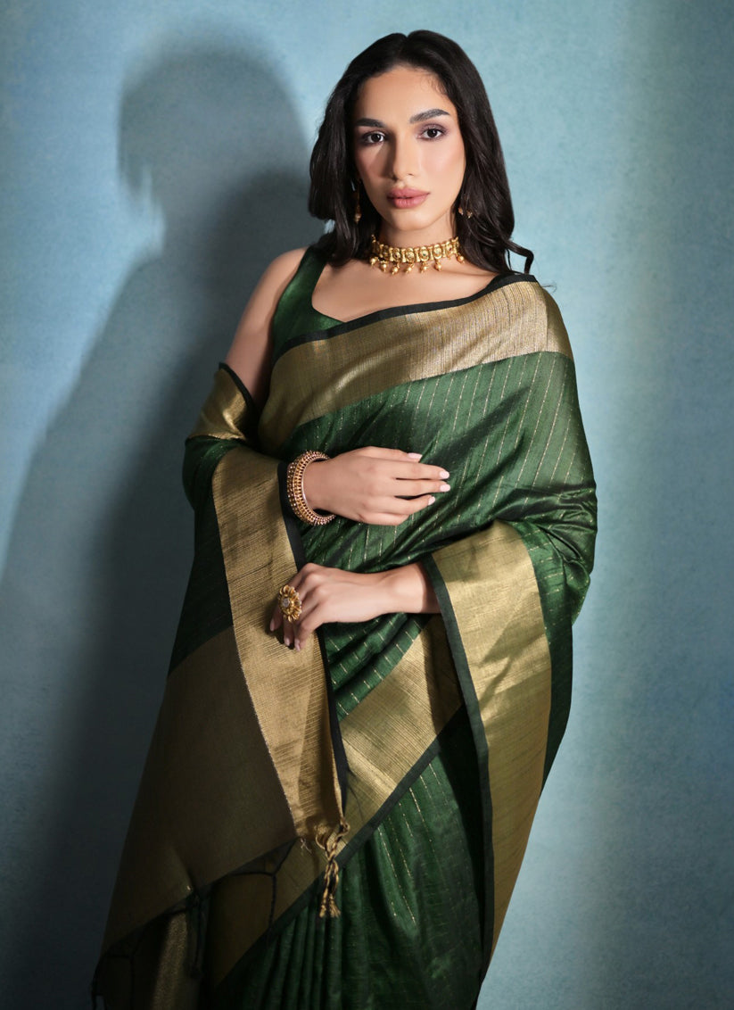 Bottle Green Raw Silk Woven Saree