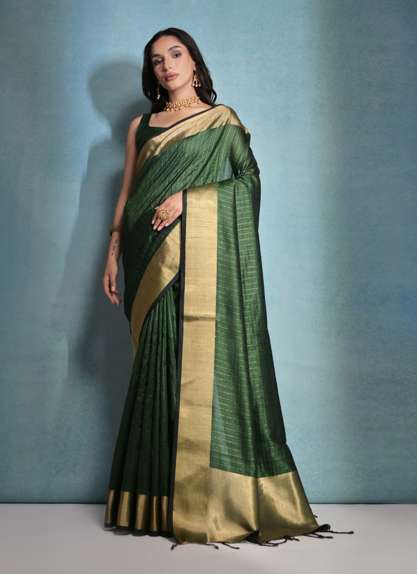 Bottle Green Raw Silk Woven Saree