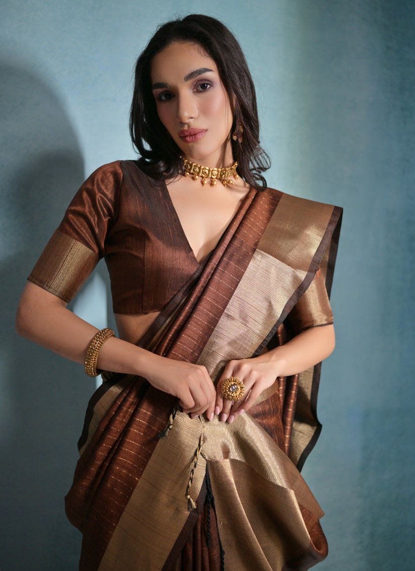 Coffee Brown Raw Silk Woven Saree